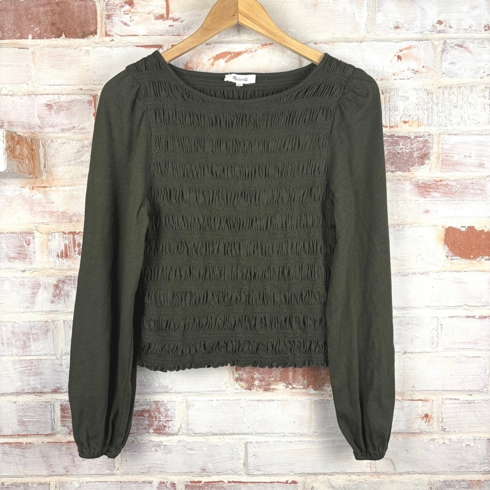 Madewell Olive Green Smocked Long Sleeve Blouse